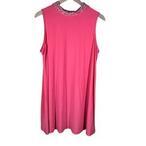 Tahari Womens Dress Size XL Pink A-Line Swing Rhinestone Pearl‎ Mock Neck